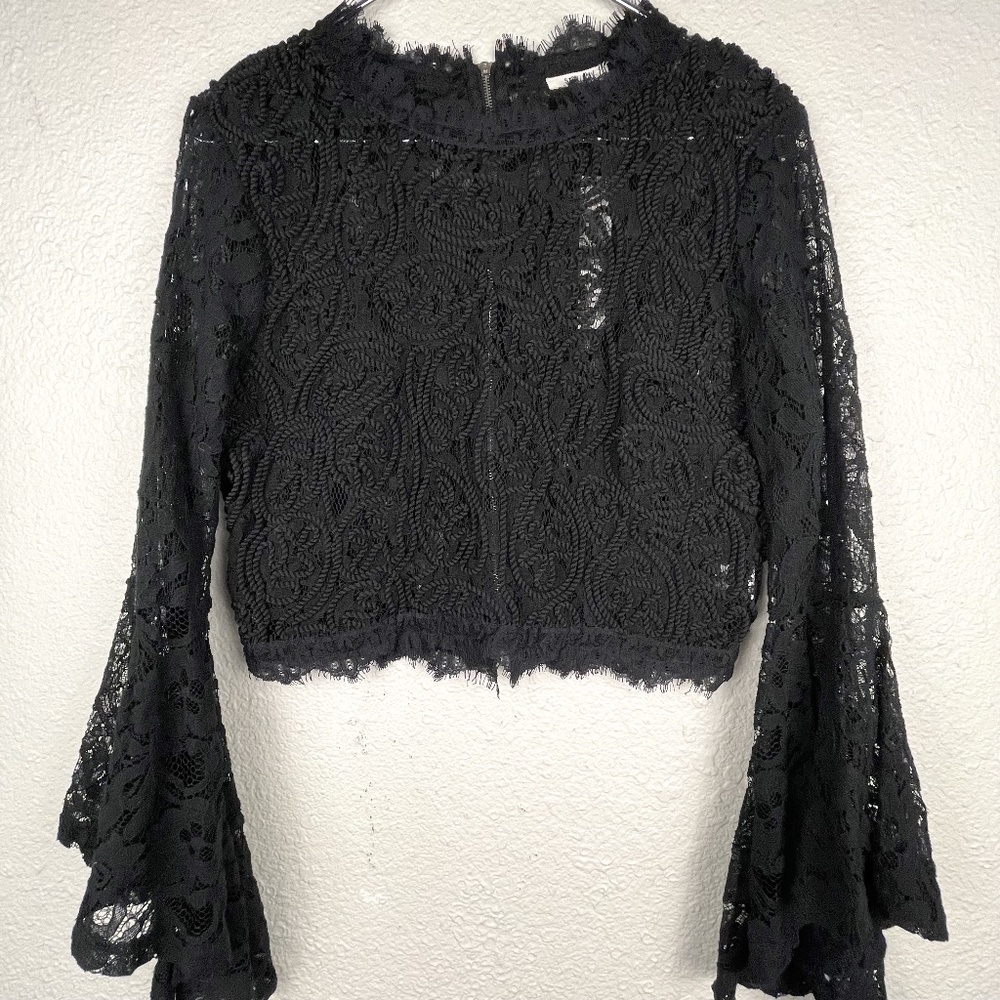 San Joy Black Lace Bell Sleeve Crop Top NWT